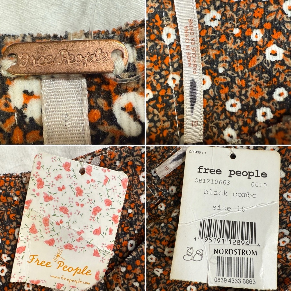 Free People Clementine Corduroy Mini Dress Brown Floral Puff Sleeve Size 10 NWT - Picture 6 of 13